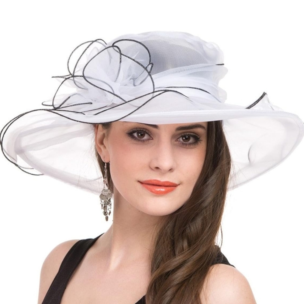Elegant White Wide-Brim Organza Hat with Black Trim